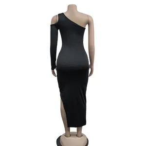 Back view of elegant black one-shoulder maxi dress with mesh sleeve detail