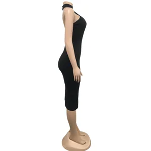 Sleek side profile of a black halter neck sleeveless bodycon midi dress on a mannequin