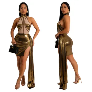 Detail showing the side cape and metallic texture of the gold sleeveless bodycon dress.