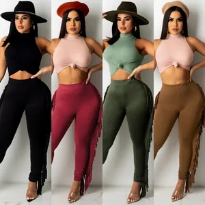 Women Ribbed Sleeveless Knot Top And Tassel Pants Set Elegant Commuter Outfit Solid Color Fringe Pants Top And Bottom