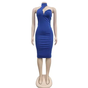 Front view of a royal blue halter neck sleeveless bodycon dress on a mannequin