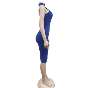 Elegant royal blue halter neck sleeveless bodycon midi dress shown from the side