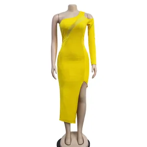 Elegant yellow one-shoulder maxi dress featuring mesh insert and high side slit detail