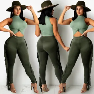 Women's trendy olive green two-piece outfit with front-knot sleeveless top and side-fringe pants