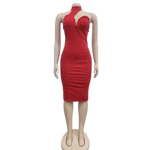 Elegant red halter neck sleeveless bodycon midi dress featuring a stylish front cutout detail