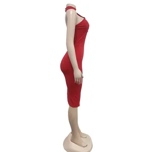 Side profile of elegant red halter neck sleeveless bodycon midi dress for women.