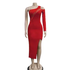 Elegant red one-shoulder bodycon midi dress with mesh detail and high side slit