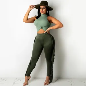 Women fashion casual two-piece set with sleeveless knit crop top and olive fringe leggings