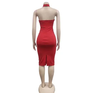 Elegant red halter-neck strapless bodycon dress featuring a stylish back slit detail.