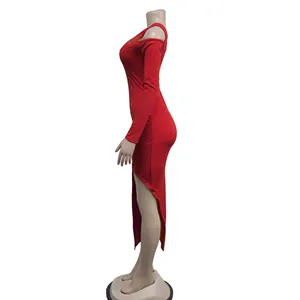 Side view of a sexy red one-shoulder long sleeve bodycon maxi dress with a high slit.