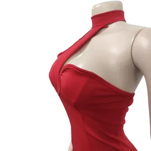 Red halter neck bandeau sleeveless bodycon dress for women fashion style detail view