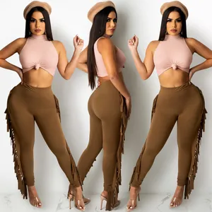 Front and side views of a pink sleeveless ribbed crop top paired with brown fringe leggings