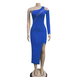 Elegant one-shoulder royal blue maxi dress with mesh long sleeve and side slit detail