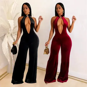 Dames Sexy Diepe V-hals Halter Open Rug Gouden Fluweel Jumpsuit Hoge Taille Wijde Pijpen Lange Broek Elegant Feest Clubwear Top And Bottom