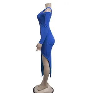 Side view of elegant royal blue one-shoulder long dress with high slit on a mannequin