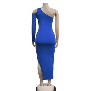 Elegant royal blue one-shoulder maxi dress with high side slit and single sleeve detail