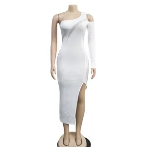 Detailed front view of white one-shoulder bodycon maxi dress with mesh panel and slit