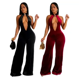 Elegante sexy fluwelen jumpsuit met diepe V-hals, halternek en wijde pijpen ontwerp
