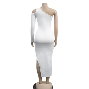 Back view of white one-shoulder long sleeve bodycon maxi dress with side slit