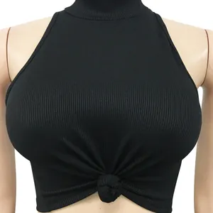 Close-up of black ribbed sleeveless crop top featuring front knot detail and high neck