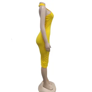 Side profile view of a vibrant yellow halter neck bodycon midi dress displayed on a mannequin
