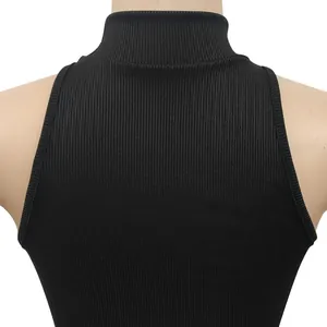 Close-up view showing the ribbed fabric texture and mock neck of a black sleeveless top.