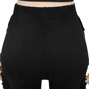 Detailed back view of high-waisted black casual long pants with elastic waistband