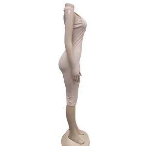 Side view of solid pink halter neck sleeveless bodycon midi dress on mannequin