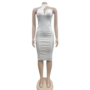 Front view of white halter neck sleeveless bodycon dress with chest cutout on mannequin
