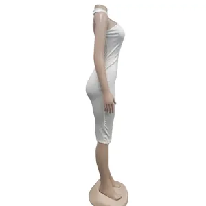 Side view of a white bodycon midi dress featuring a halter neck and sleeveless design.