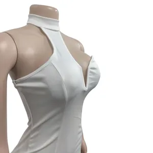 Side view detail of a white halter neck sleeveless bodycon dress on mannequin