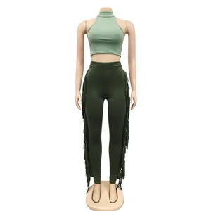 Sleeveless high neck crop top and fringed leggings two-piece set in shades of green