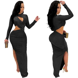 Sexy black sparkly long sleeve maxi dress with waist cut-outs and high slit detail