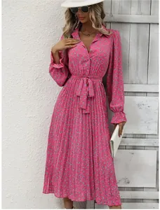 Detailed view of floral pleated long sleeve maxi dress with stylish waist tie belt