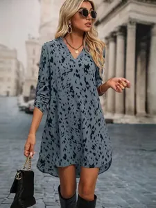 Chic blue-grey leopard print long sleeve dress for women featuring a stylish V-neckline.