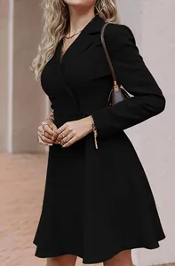 Elegant black double-breasted long-sleeved blazer dress with a stylish slim fit silhouette