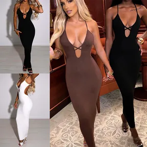 Women Sexy Backless Halter Deep V-Neck Maxi Dress Criss-Cross Strappy Cut-Out Slim Fit Bodycon Evening Party Club Dress