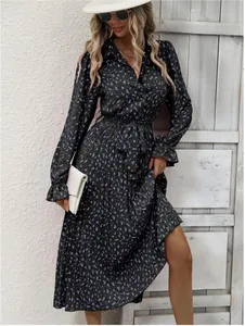 Elegant floral pleated midi dress with long sleeves and waist tie detail for women