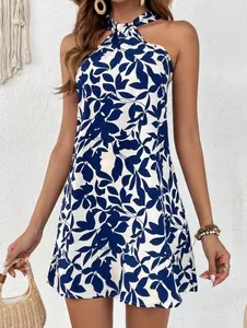 Navy blue and white floral print halter neck sleeveless mini dress for summer