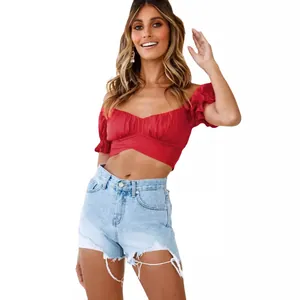 Elegant red off-the-shoulder crop top featuring ruffled sleeves and a stylish back tie.