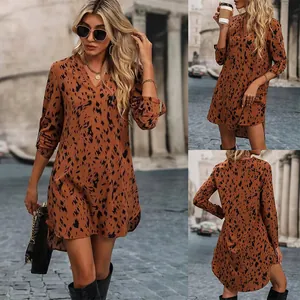 Stylish leopard print long sleeve dress for women with elegant V-neck and stand collar