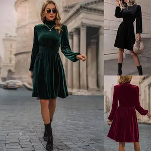 Abito Elegante da Donna in Velluto a Maniche Lunghe Abito Midi Vintage con Collo alla Coreana e Vita a Punto Smock