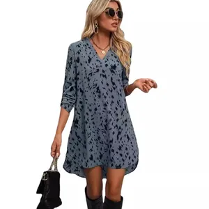 Fashionable women's blue leopard print long sleeve V-neck mini dress for spring