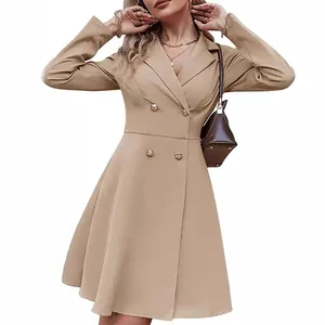 Elegant khaki double-breasted long sleeve trench style dress with lapel collar