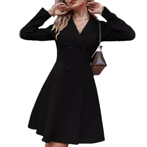 Elegant black double-breasted long sleeve dress for women with classic lapel collar