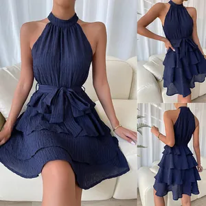 Elegant navy blue sleeveless halter neck ruffled tiered summer dress for ladies