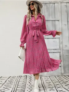 Fashion Women Floral Print Pleated Maxi Dress Long Sleeve Strappy V Neck Large Swing Bohemian Autumn Winter Dress