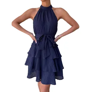 Elegant navy blue halter neck sleeveless ruffle tiered mini dress with waist bow tie