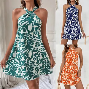 Women Summer Halter Neck Sleeveless Backless Leaf Print Mini Dress Ruffle Hem Beach Vacation Casual Party A-Line Sun Dress