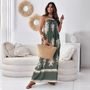 Elegant dark green floral print halter backless maxi dress for stylish summer vacation